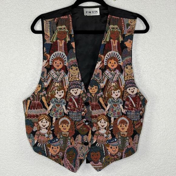 Vtg 90s Tapestry Vest “We Are The World” Children Multicultural Dolls sz L - Picture 2 of 8